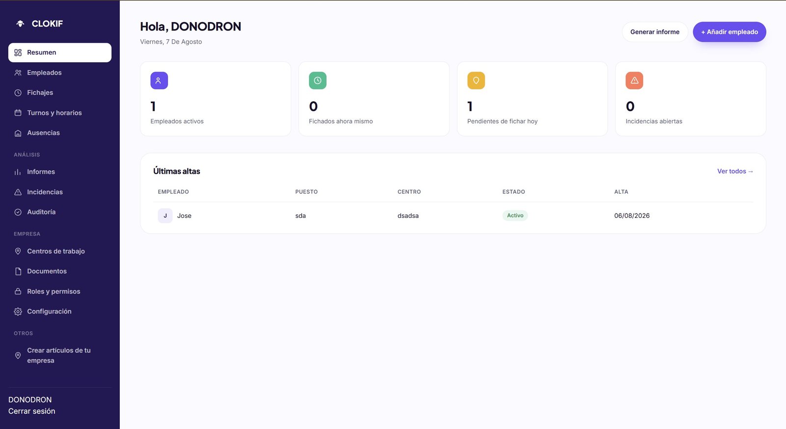 Panel de control de CLOKIF con Incidencias integradas